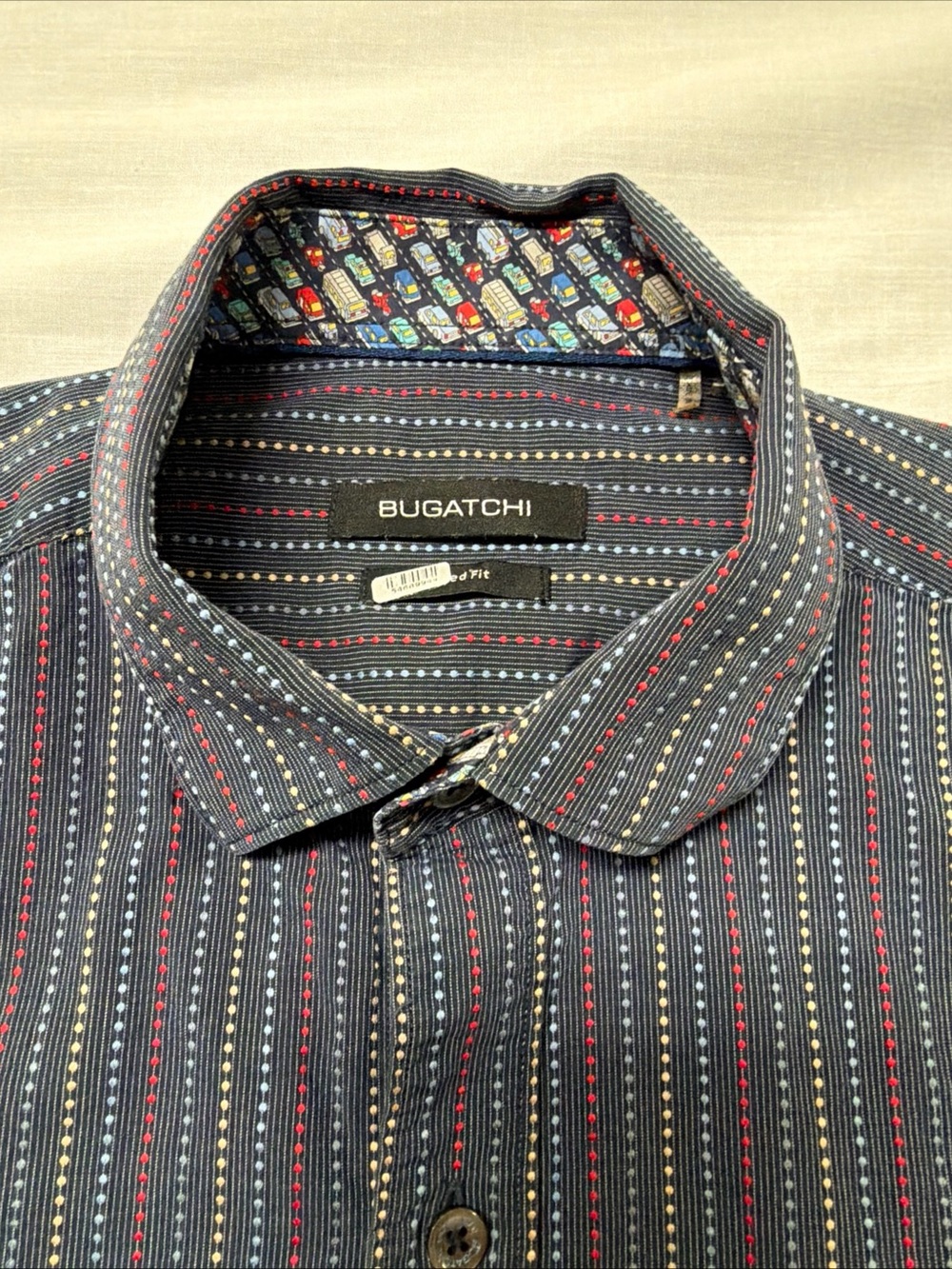 Bugatchi Men's Navy Multi-Stripe Button-Up Short Sleeve Shirt Medium Car Detail